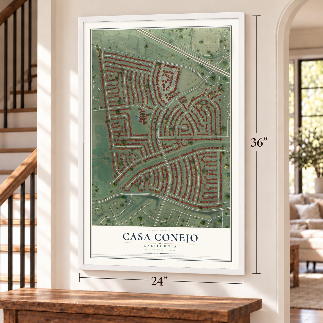 Casa Conejo, California map, 24 x 36 inch print in a white frame by a staircase