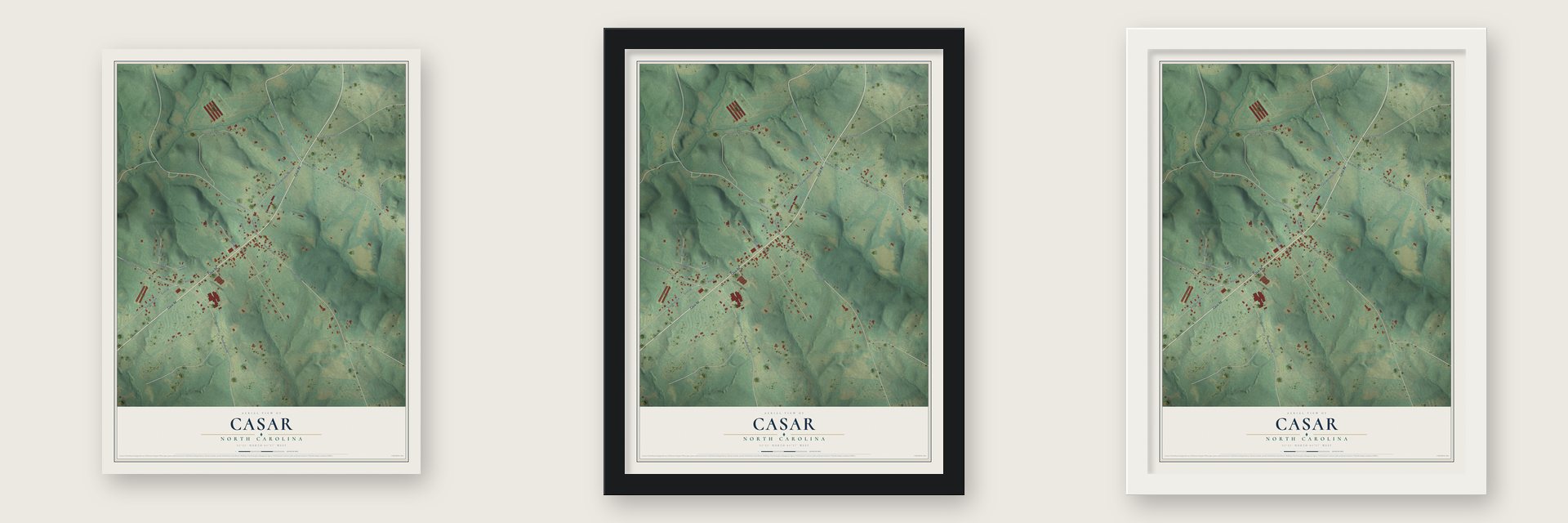 Casar, North Carolina map unframed, in a black wood frame and in a white wood frame