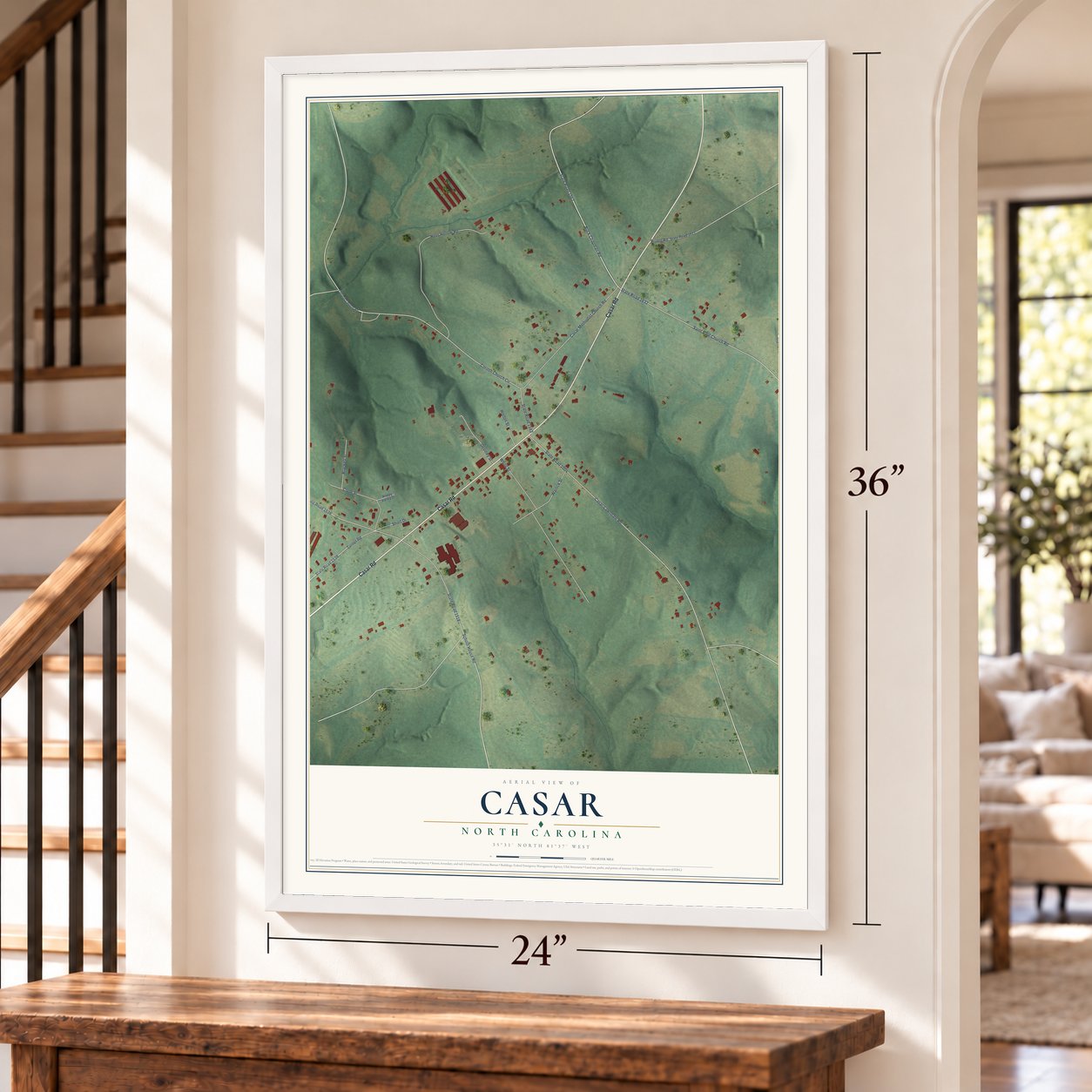 Casar, North Carolina map, 24 x 36 inch print in a white frame by a staircase