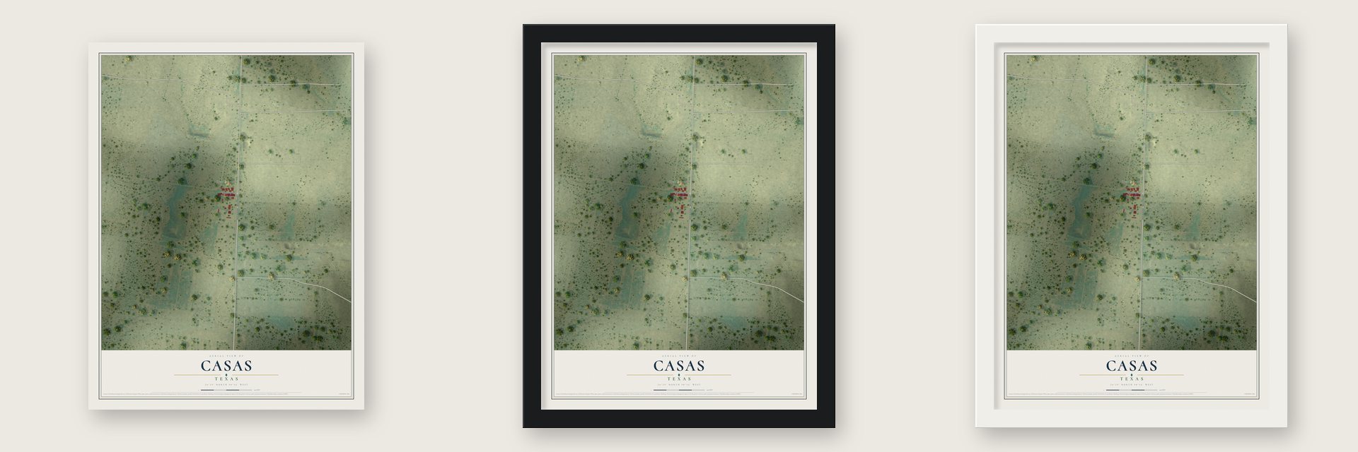Casas, Texas map unframed, in a black wood frame and in a white wood frame