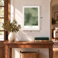 Casas, Texas map, 12 x 18 inch print in a white frame in an entryway
