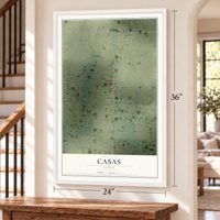 Casas, Texas map, 24 x 36 inch print in a white frame by a staircase
