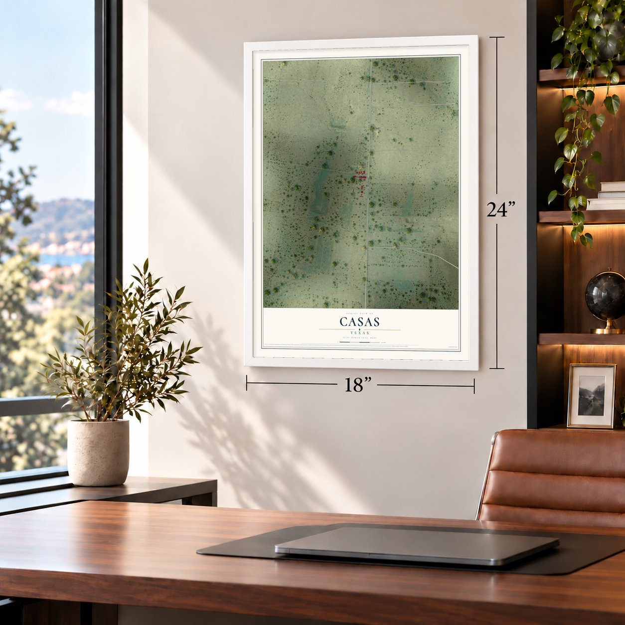 Casas, Texas map, 18 x 24 inch print in a white frame in a home office