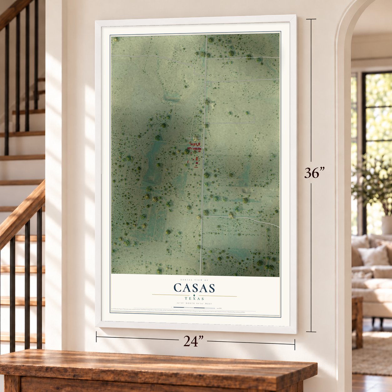 Casas, Texas map, 24 x 36 inch print in a white frame by a staircase