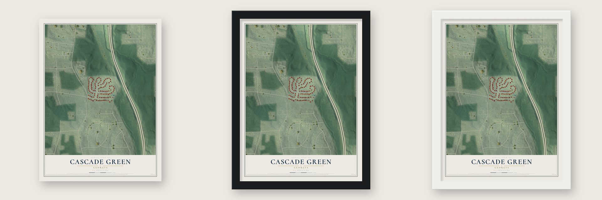 Cascade Green, Georgia map unframed, in a black wood frame and in a white wood frame