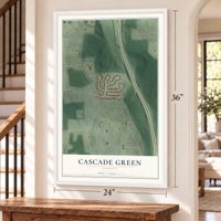 Cascade Green, Georgia map, 24 x 36 inch print in a white frame by a staircase
