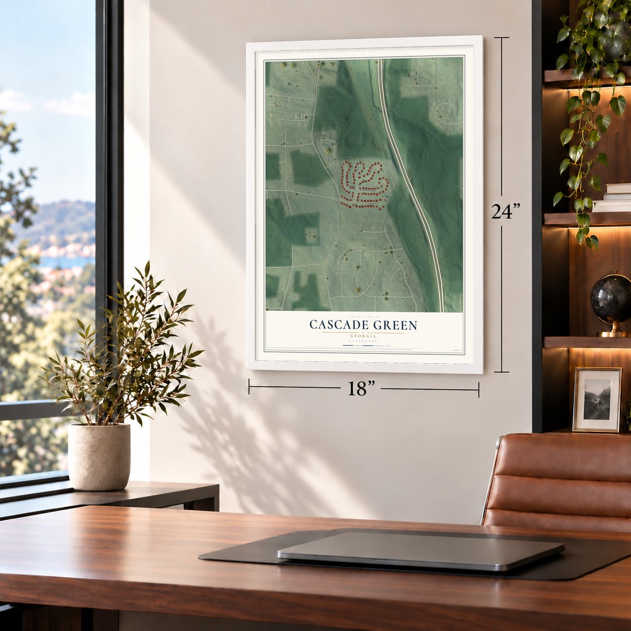 Cascade Green, Georgia map, 18 x 24 inch print in a white frame in a home office