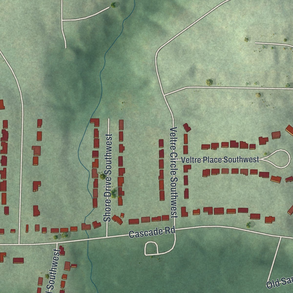 Second close-up of the map of Cascade Heights, Georgia print showing more streets and buildings