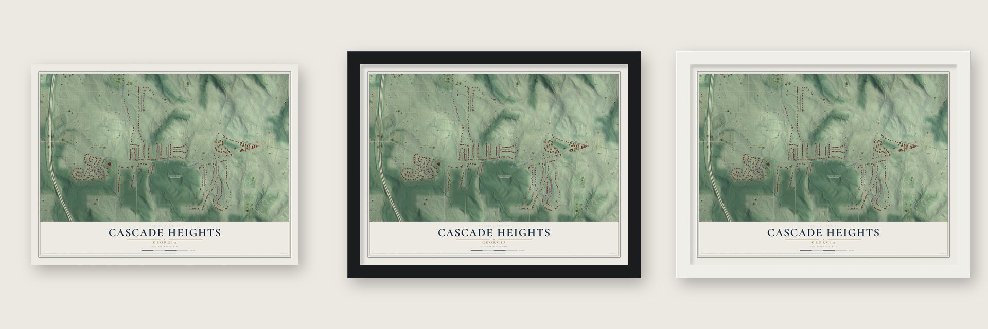 Cascade Heights, Georgia map unframed, in a black wood frame and in a white wood frame