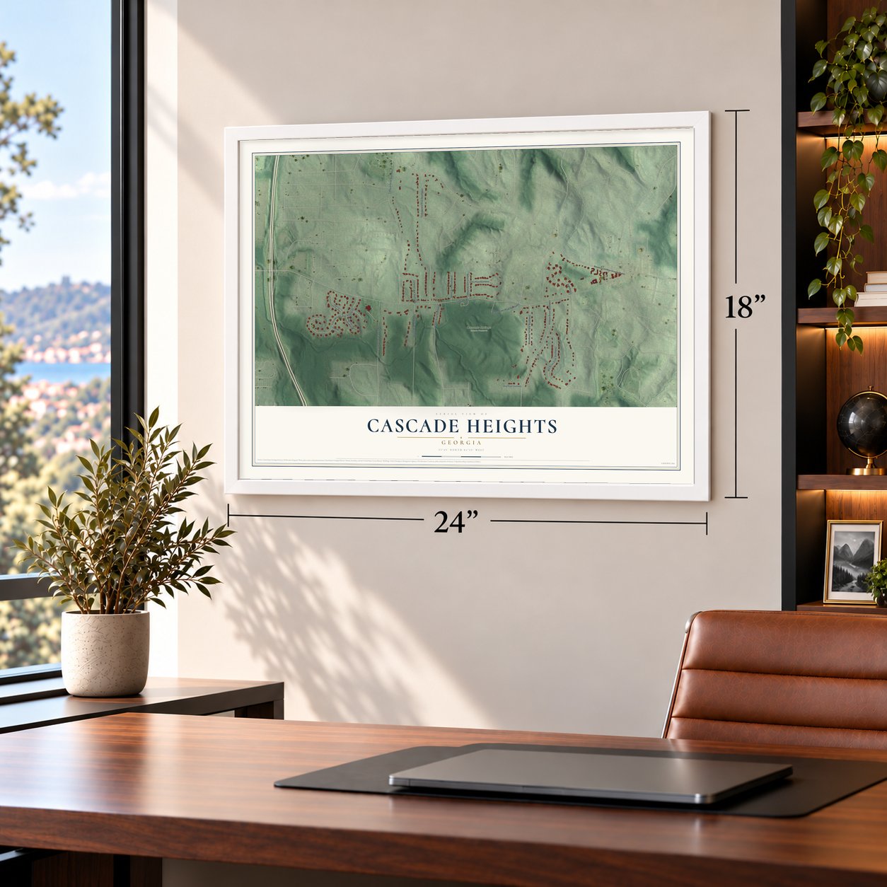 Cascade Heights, Georgia map, 18 x 24 inch print in a white frame in a home office
