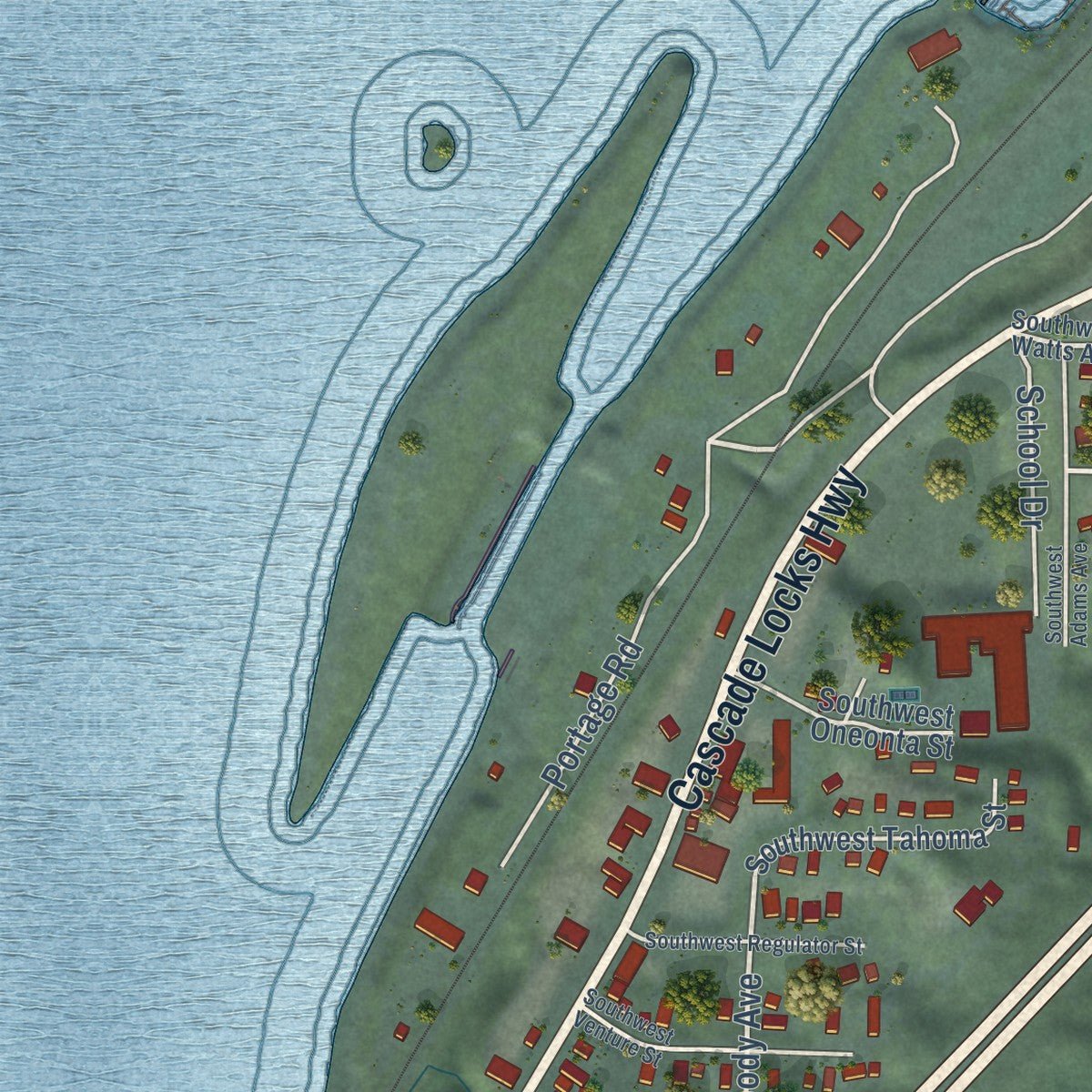 Second close-up of the map of Cascade Locks, Oregon print showing more streets and buildings
