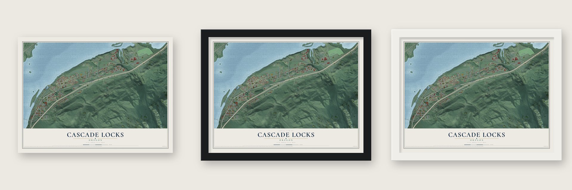 Cascade Locks, Oregon map unframed, in a black wood frame and in a white wood frame