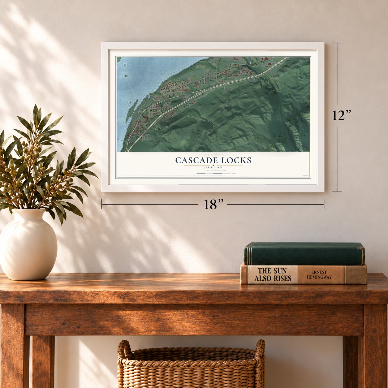 Cascade Locks, Oregon map, 12 x 18 inch print in a white frame in an entryway