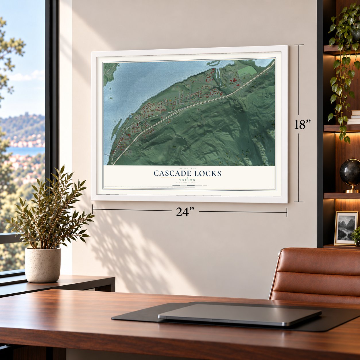 Cascade Locks, Oregon map, 18 x 24 inch print in a white frame in a home office