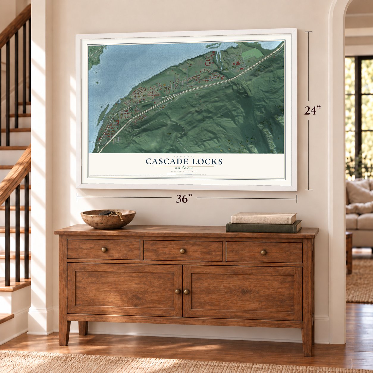 Cascade Locks, Oregon map, 24 x 36 inch print in a white frame above a dresser by a staircase
