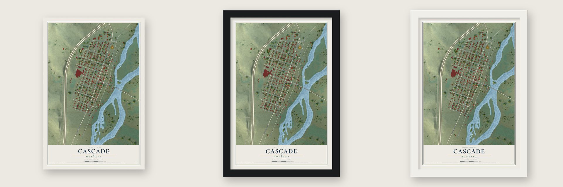 Cascade, Montana map unframed, in a black wood frame and in a white wood frame