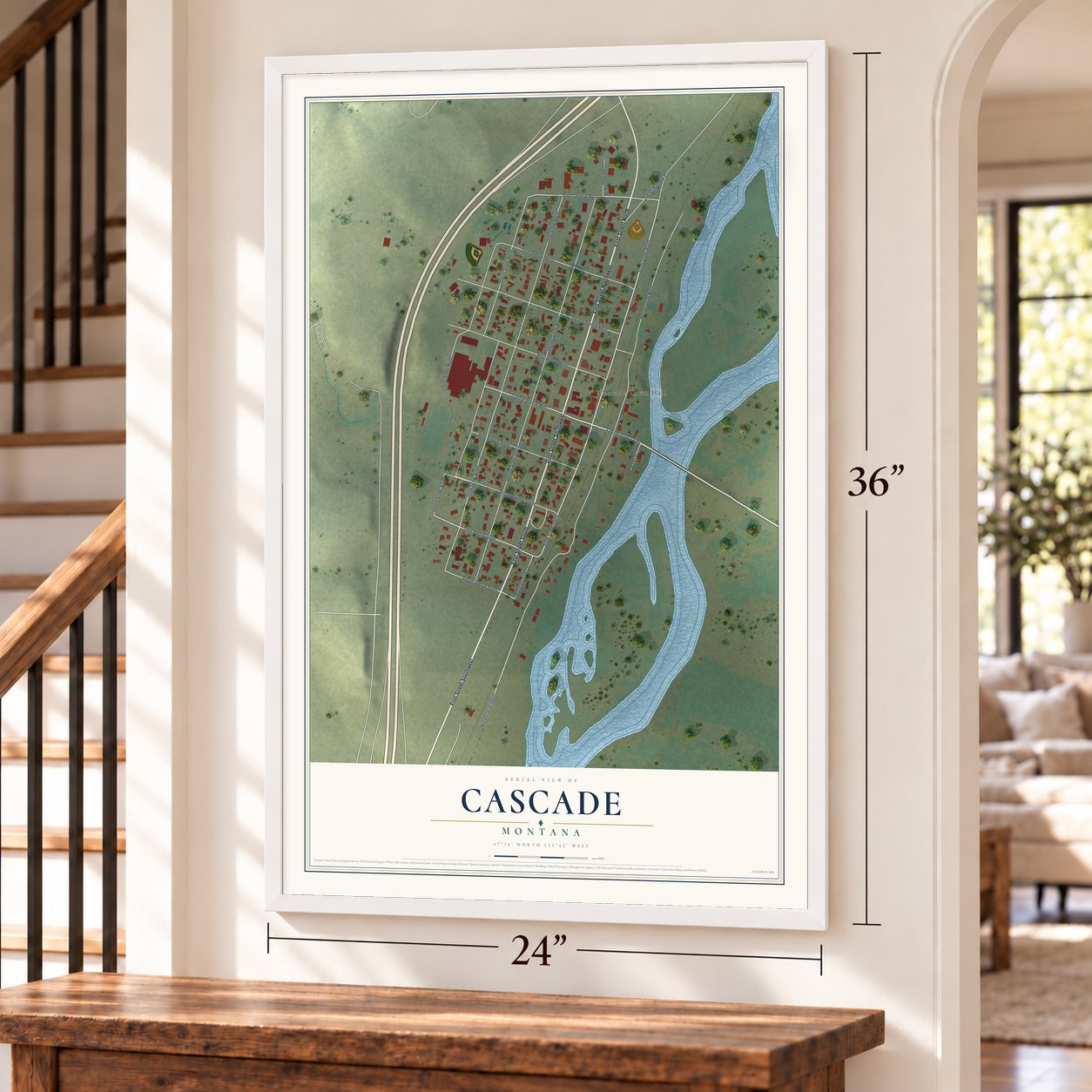 Cascade, Montana map, 24 x 36 inch print in a white frame by a staircase