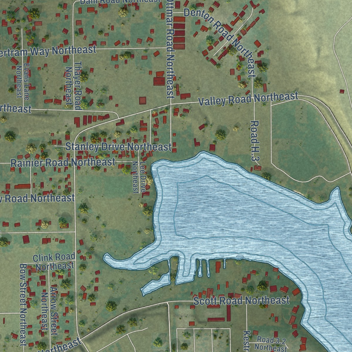 Second close-up of the map of Cascade Valley, Washington print showing more streets and buildings