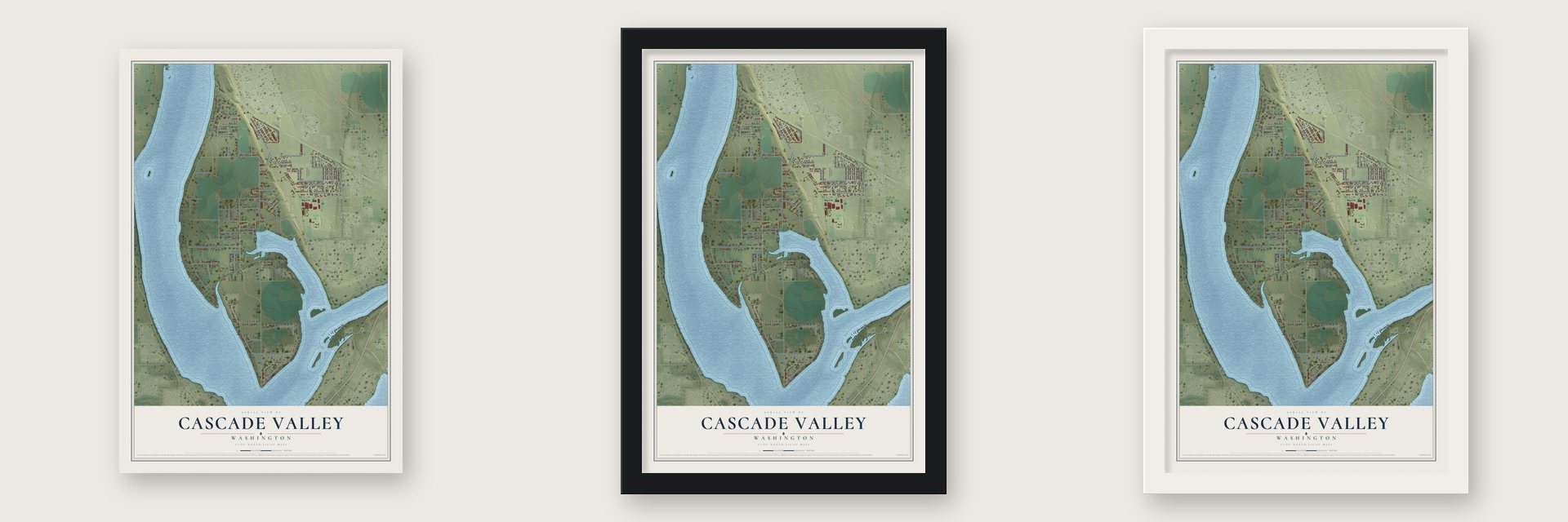 Cascade Valley, Washington map unframed, in a black wood frame and in a white wood frame