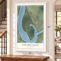 Cascade Valley, Washington map, 24 x 36 inch print in a white frame by a staircase