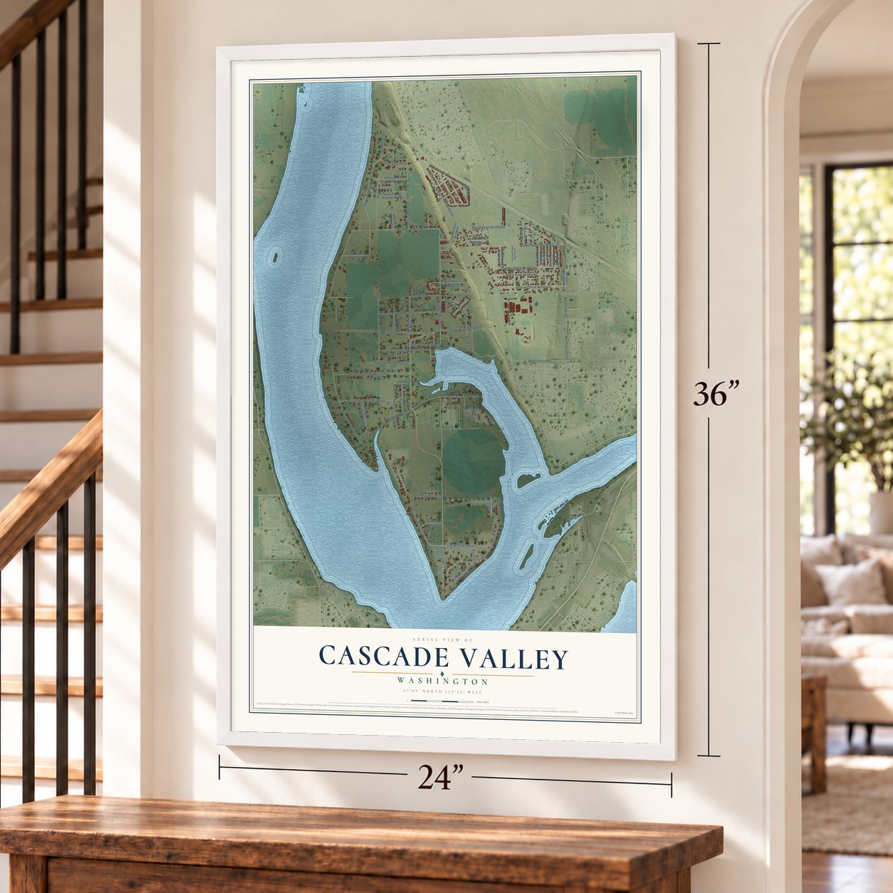 Cascade Valley, Washington map, 24 x 36 inch print in a white frame by a staircase