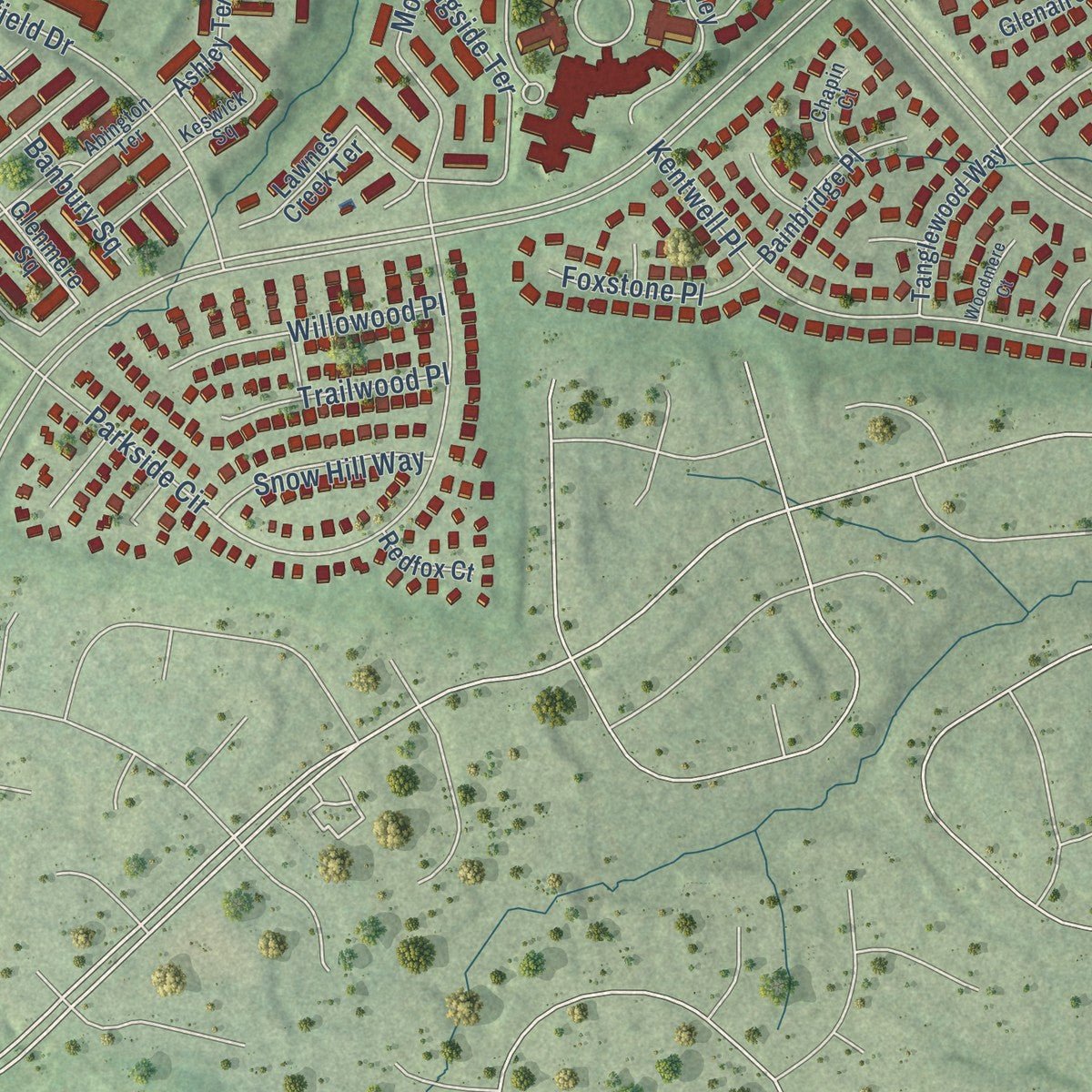 Second close-up of the map of Cascades, Virginia print showing more streets and buildings