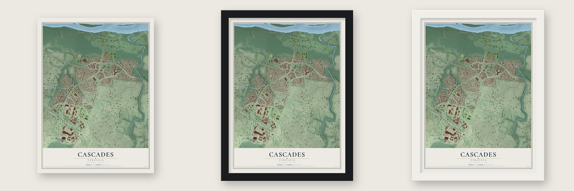 Cascades, Virginia map unframed, in a black wood frame and in a white wood frame