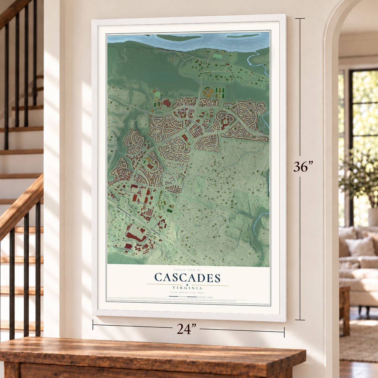 Cascades, Virginia map, 24 x 36 inch print in a white frame by a staircase