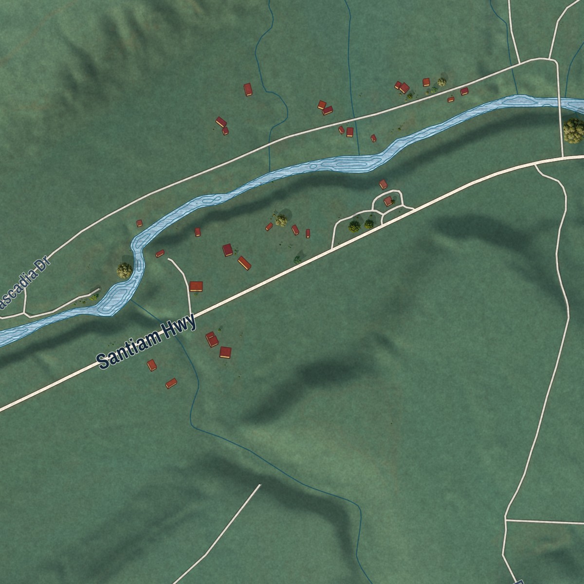 Second close-up of the map of Cascadia, Oregon print showing more streets and buildings