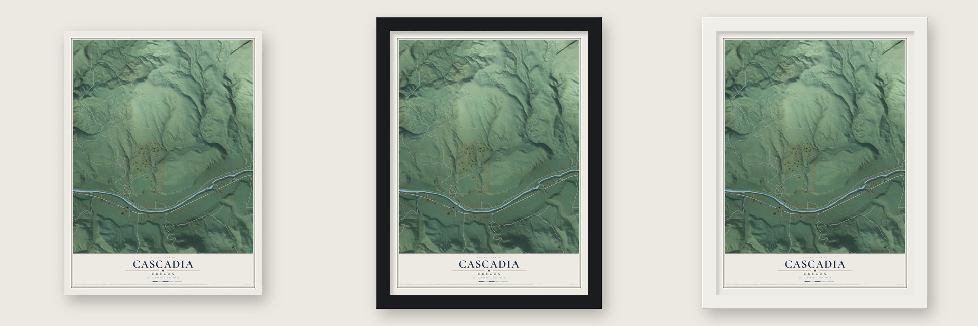 Cascadia, Oregon map unframed, in a black wood frame and in a white wood frame