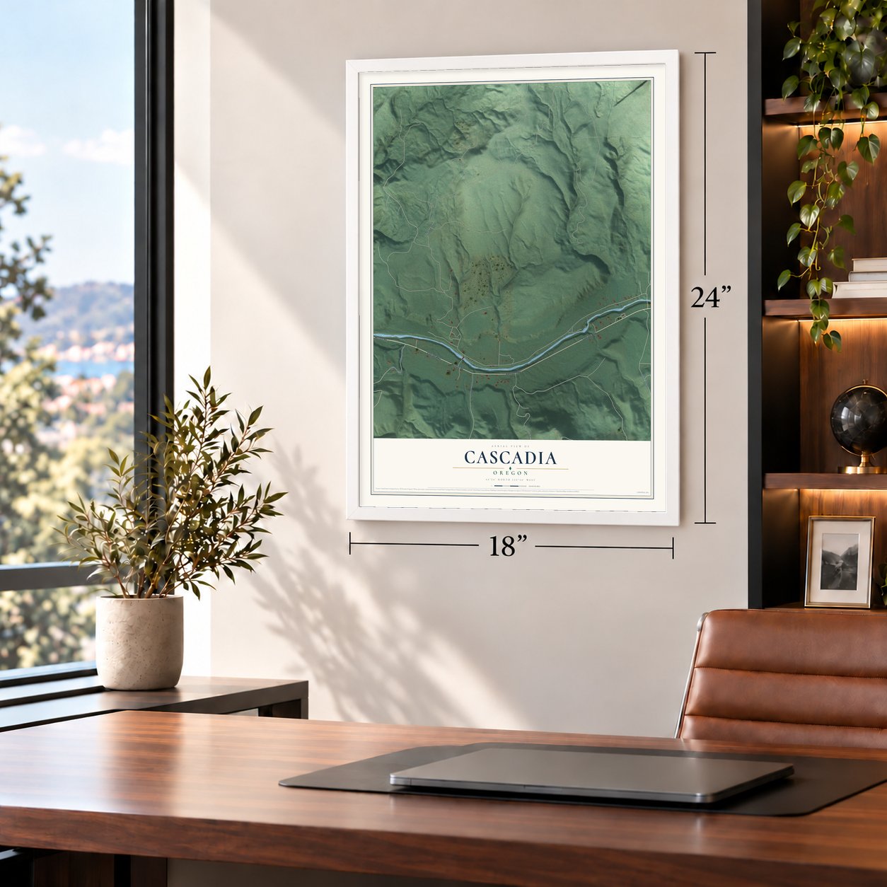Cascadia, Oregon map, 18 x 24 inch print in a white frame in a home office