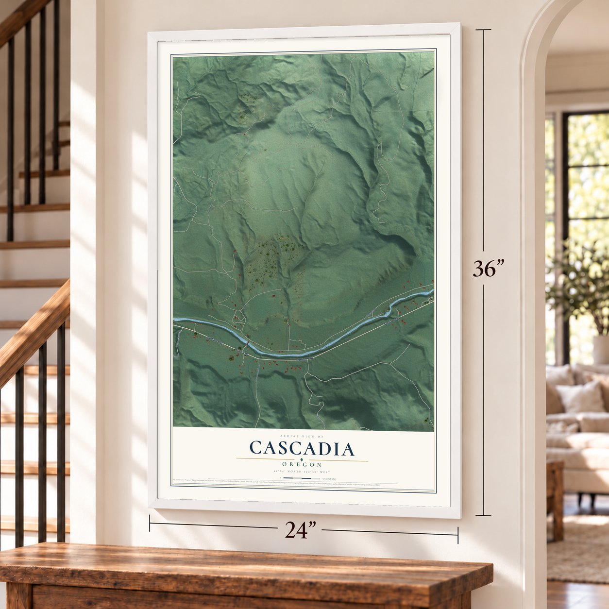 Cascadia, Oregon map, 24 x 36 inch print in a white frame by a staircase