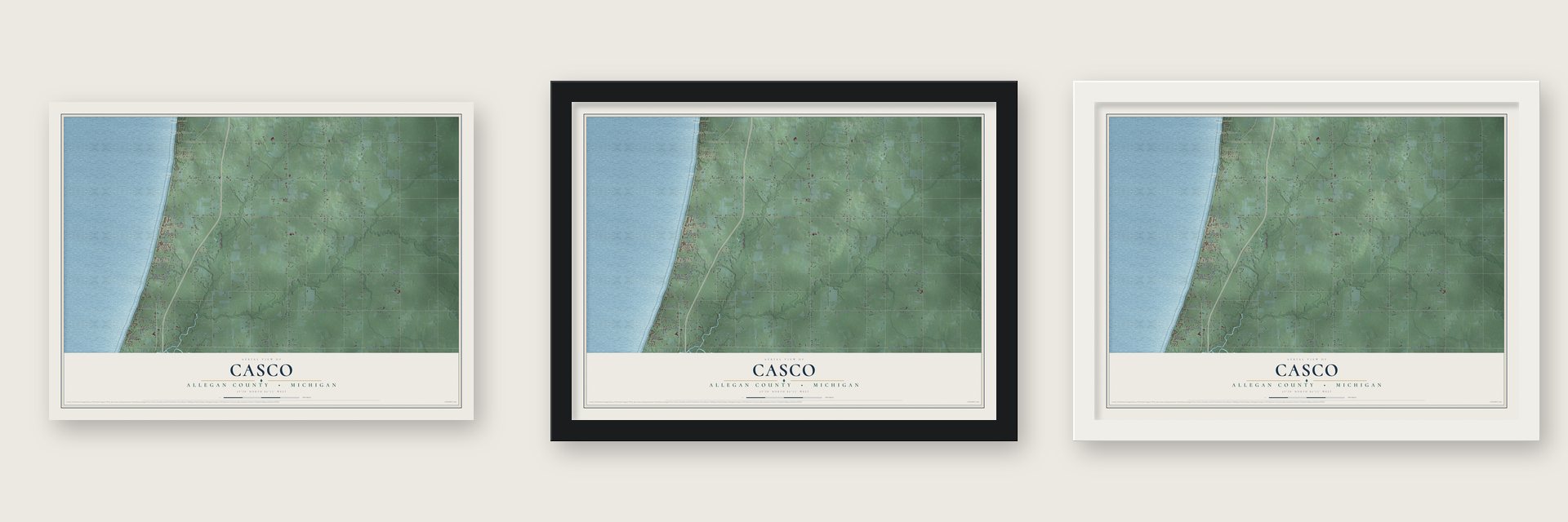Casco, Allegan County, Michigan map unframed, in a black wood frame and in a white wood frame