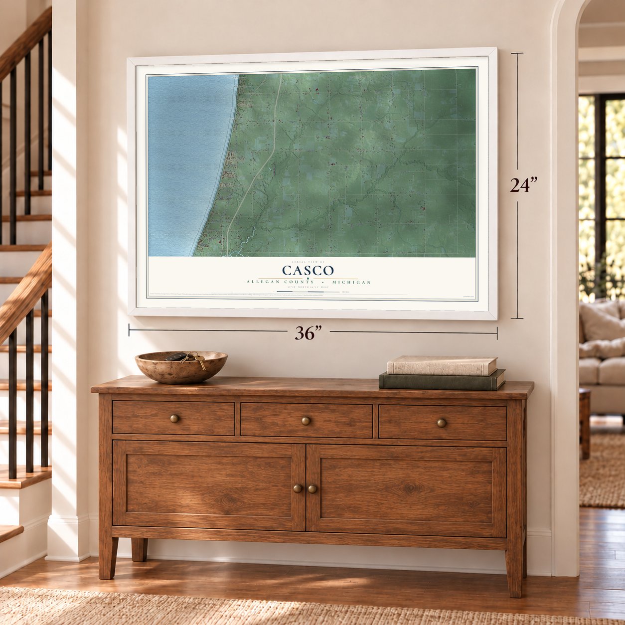 Casco, Allegan County, Michigan map, 24 x 36 inch print in a white frame above a dresser by a staircase