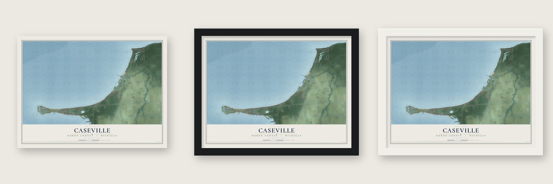 Caseville, Huron County, Michigan map unframed, in a black wood frame and in a white wood frame