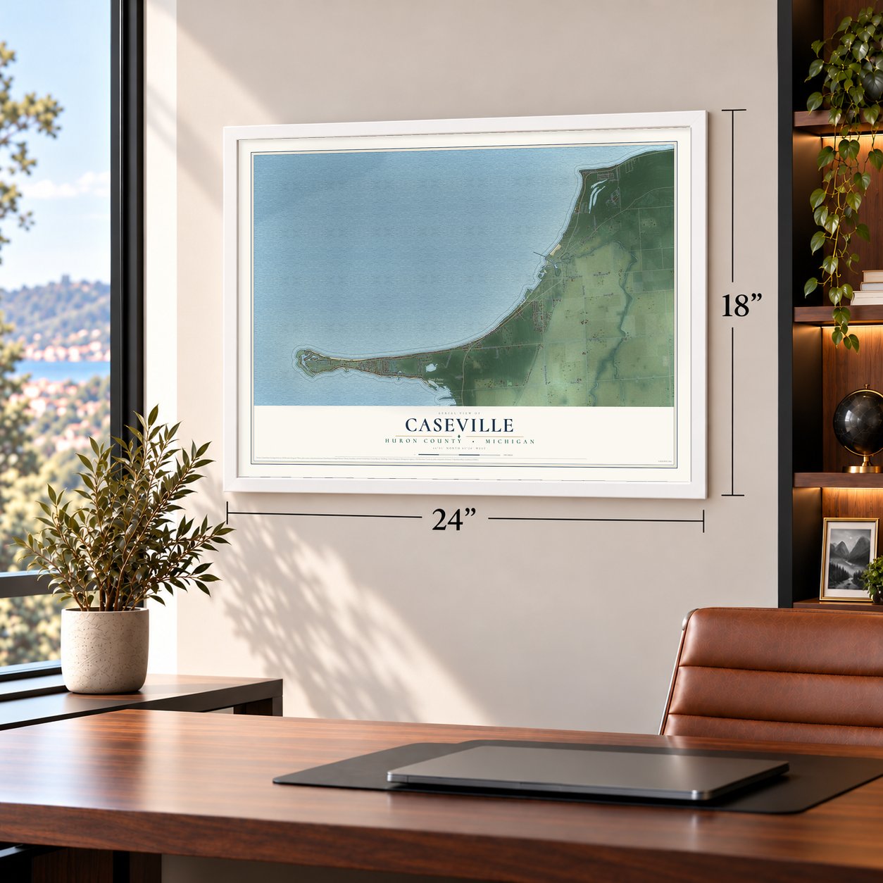Caseville, Huron County, Michigan map, 18 x 24 inch print in a white frame in a home office