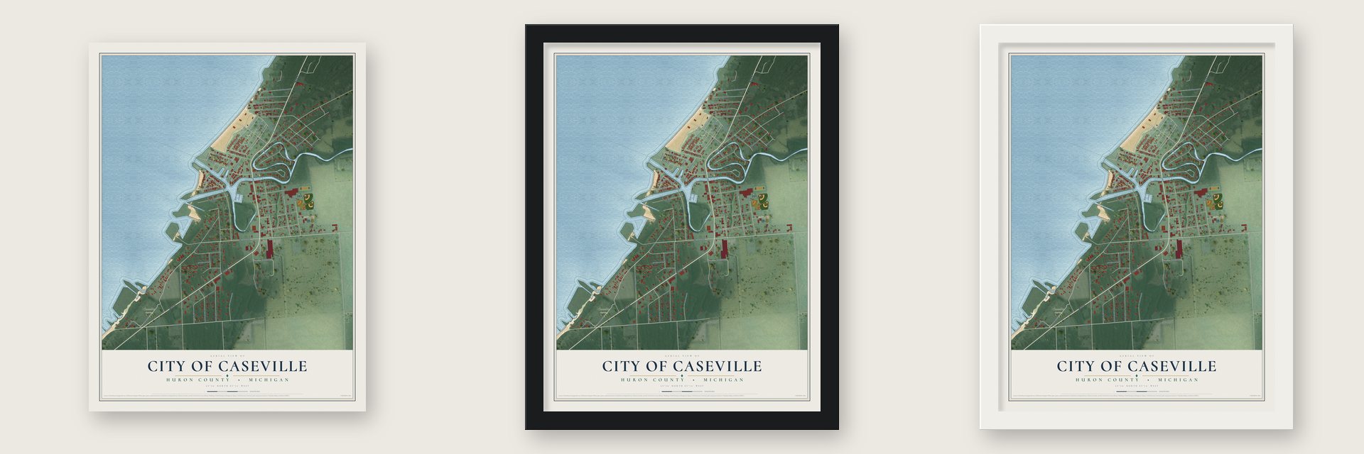 Caseville, Michigan map unframed, in a black wood frame and in a white wood frame