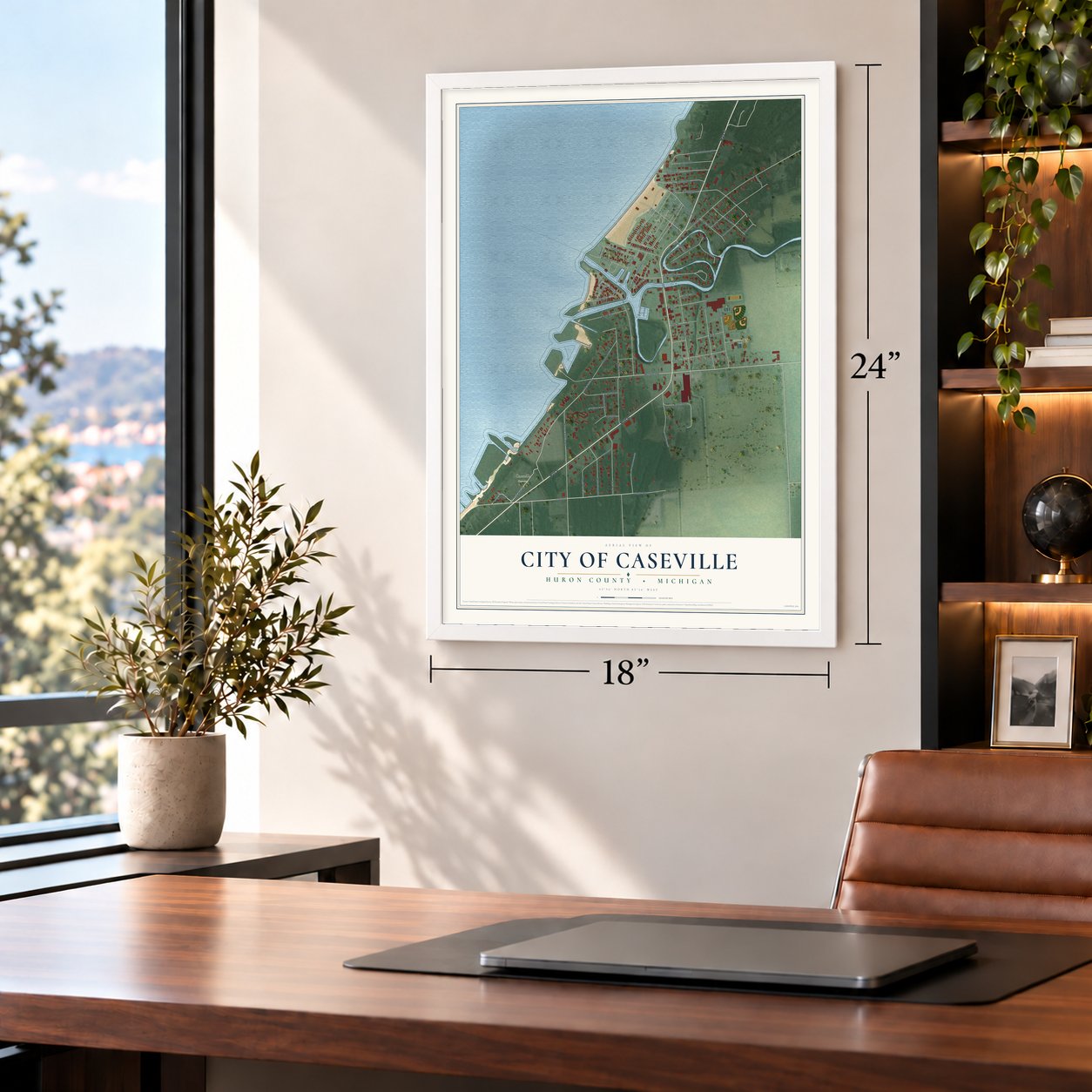 Caseville, Michigan map, 18 x 24 inch print in a white frame in a home office
