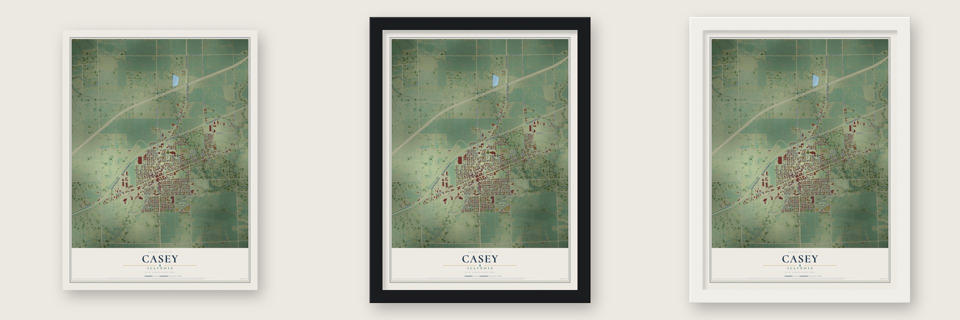 Casey, Illinois map unframed, in a black wood frame and in a white wood frame