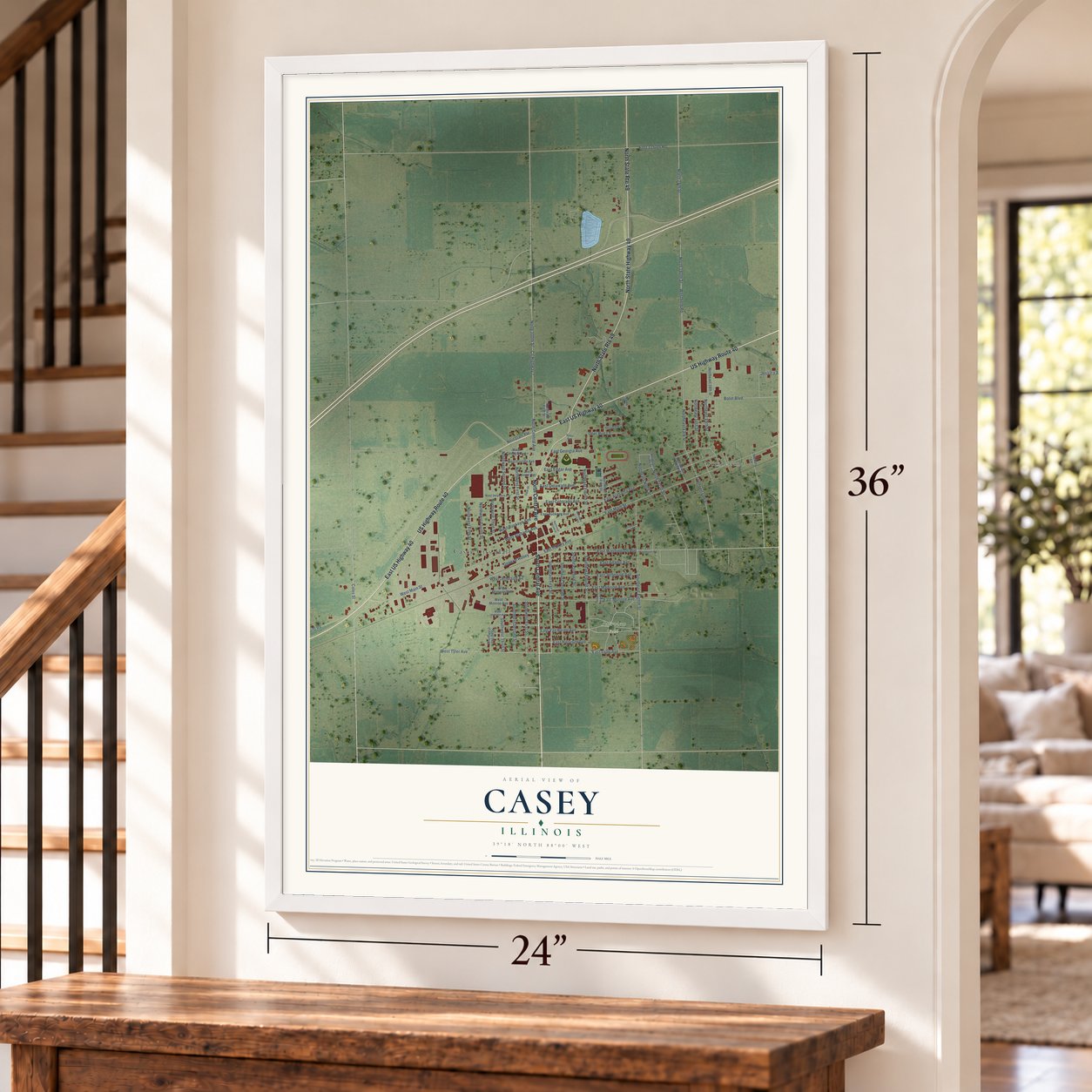 Casey, Illinois map, 24 x 36 inch print in a white frame by a staircase