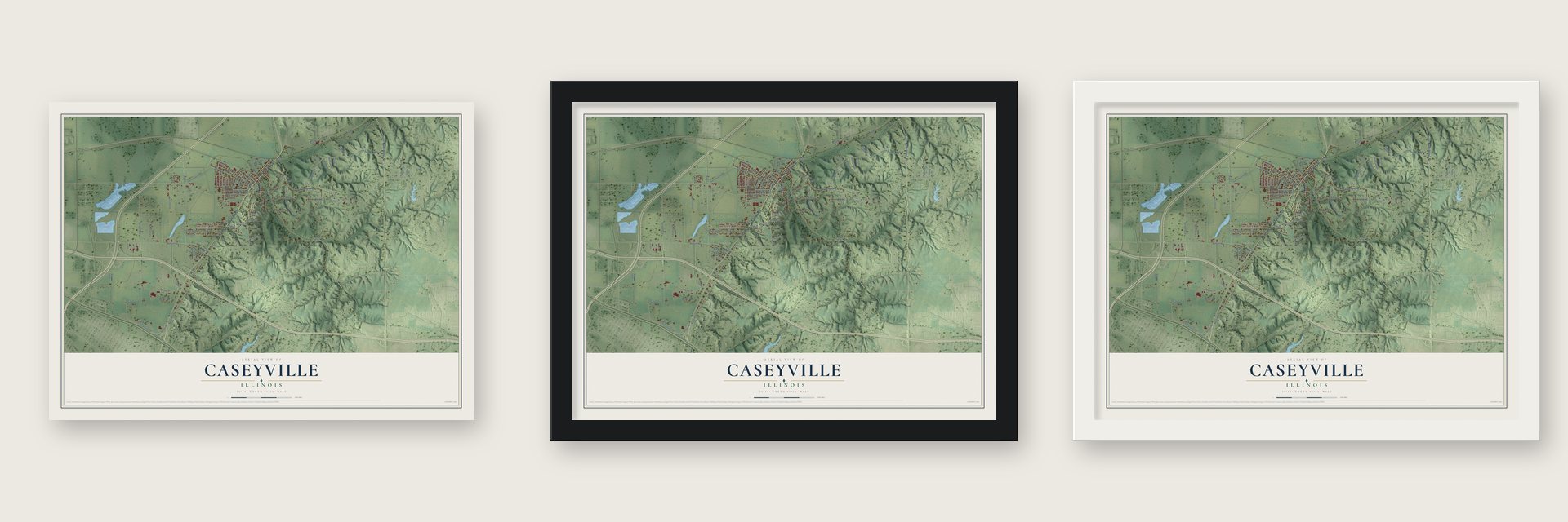 Caseyville, Illinois map unframed, in a black wood frame and in a white wood frame