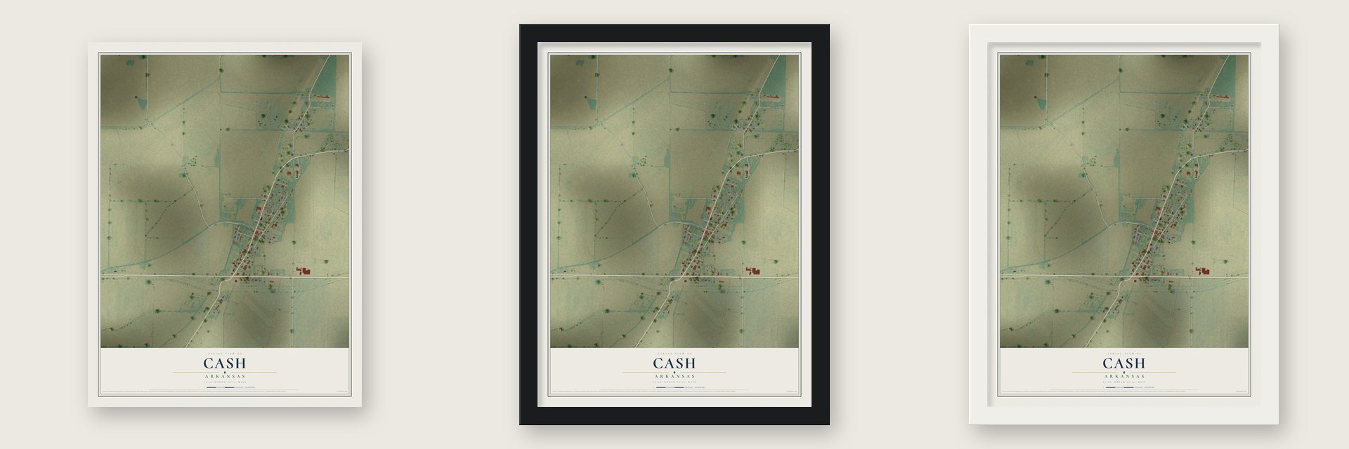 Cash, Arkansas map unframed, in a black wood frame and in a white wood frame