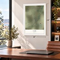 Cash, Arkansas map, 18 x 24 inch print in a white frame in a home office