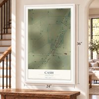 Cash, Arkansas map, 24 x 36 inch print in a white frame by a staircase