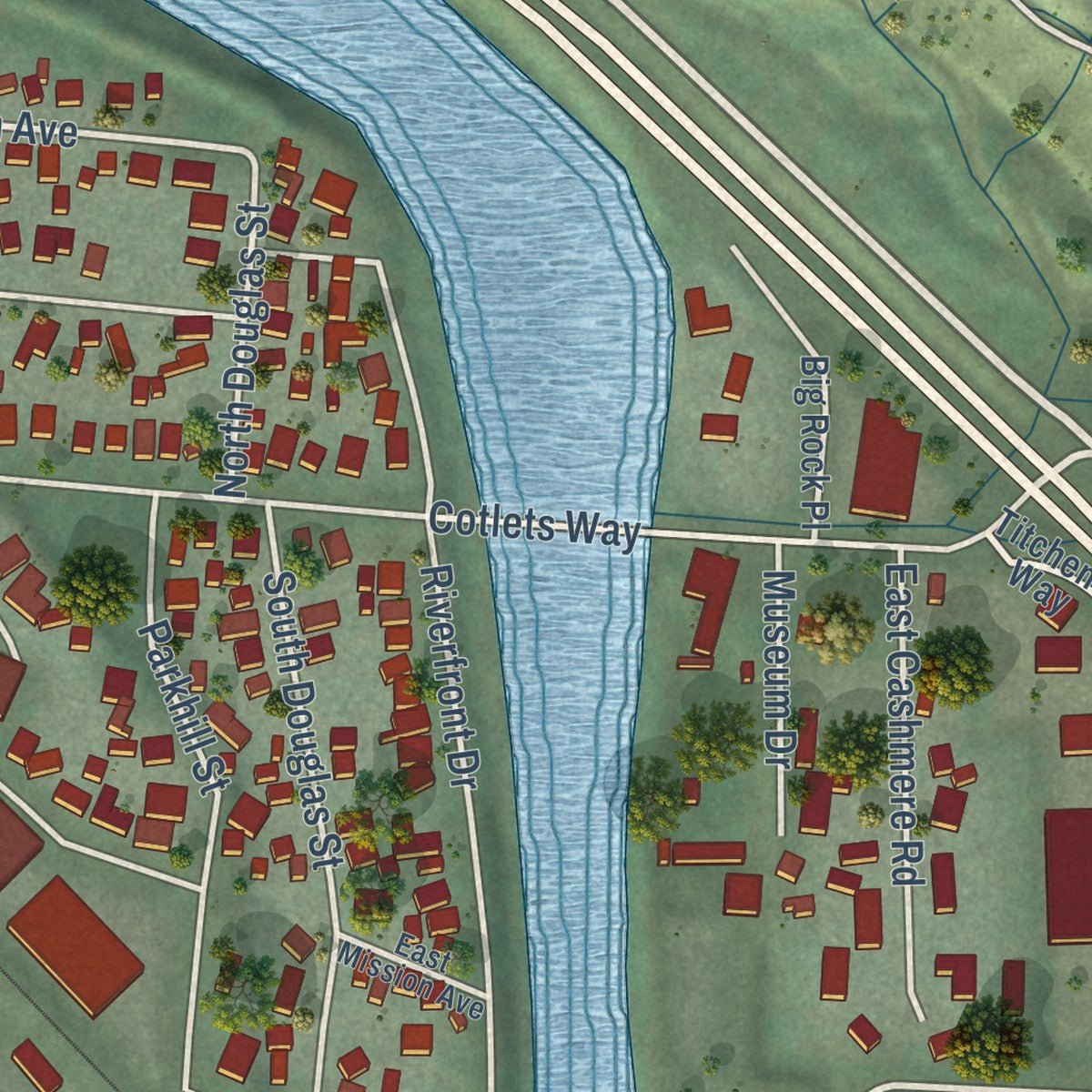 Second close-up of the map of Cashmere, Washington print showing more streets and buildings