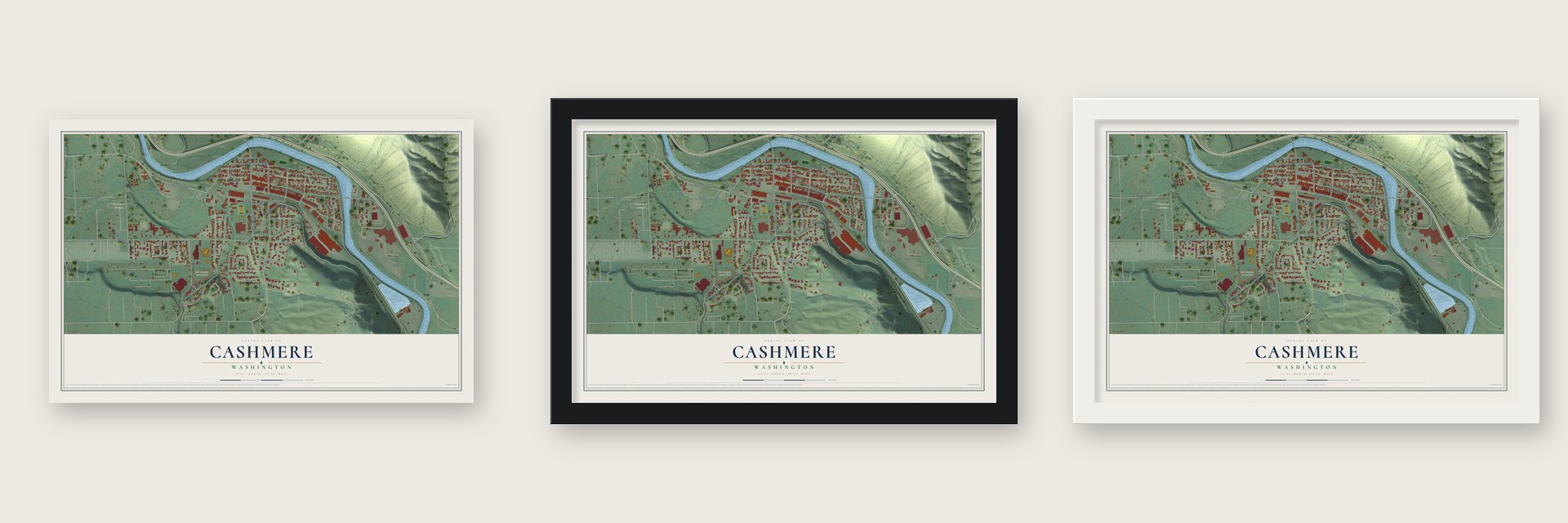 Cashmere, Washington map unframed, in a black wood frame and in a white wood frame