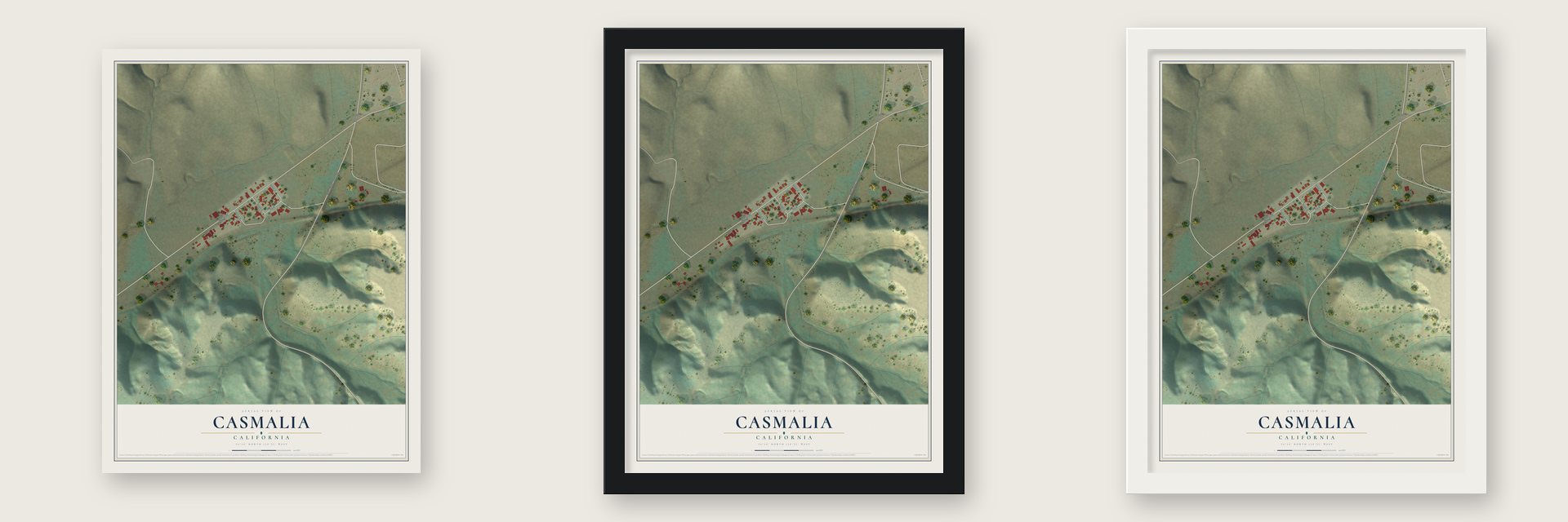 Casmalia, California map unframed, in a black wood frame and in a white wood frame