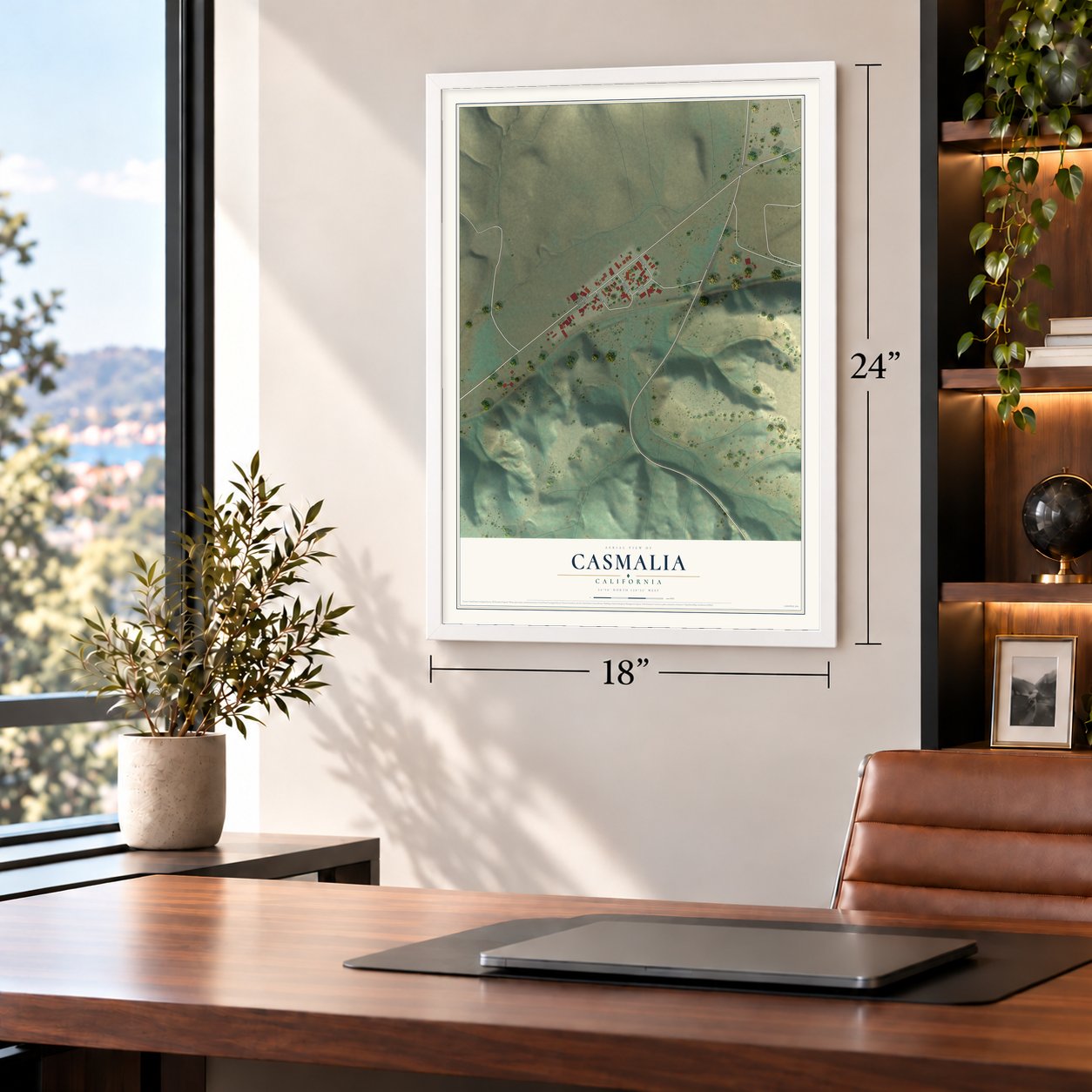 Casmalia, California map, 18 x 24 inch print in a white frame in a home office