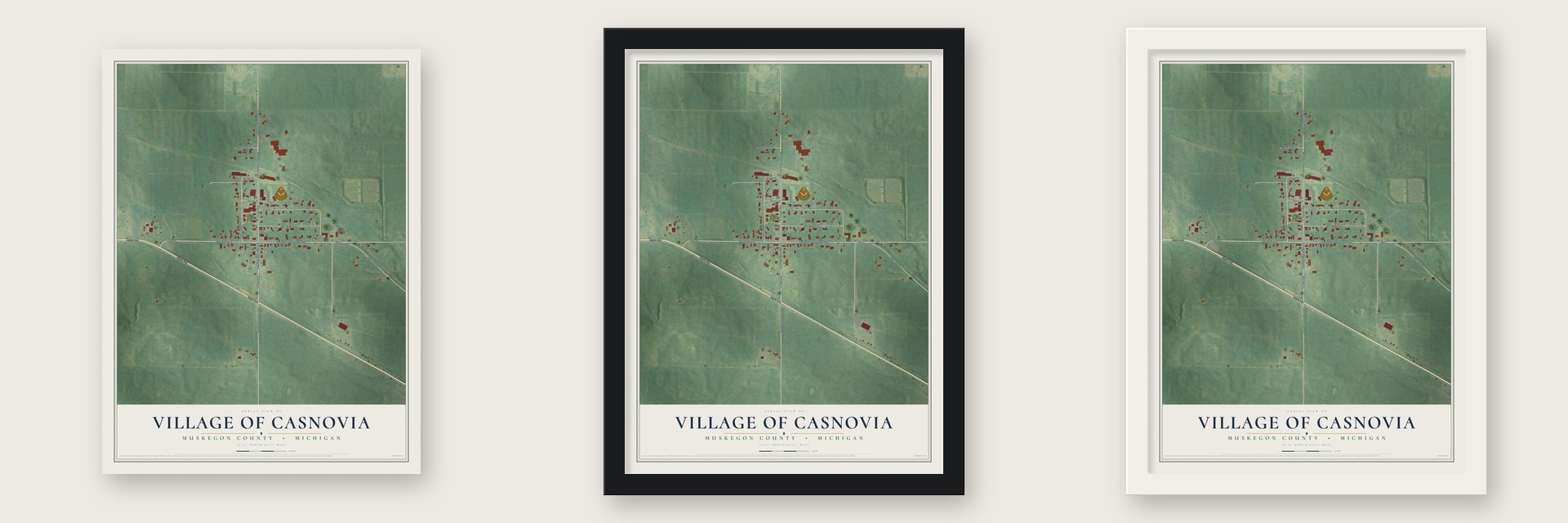 Casnovia, Michigan map unframed, in a black wood frame and in a white wood frame