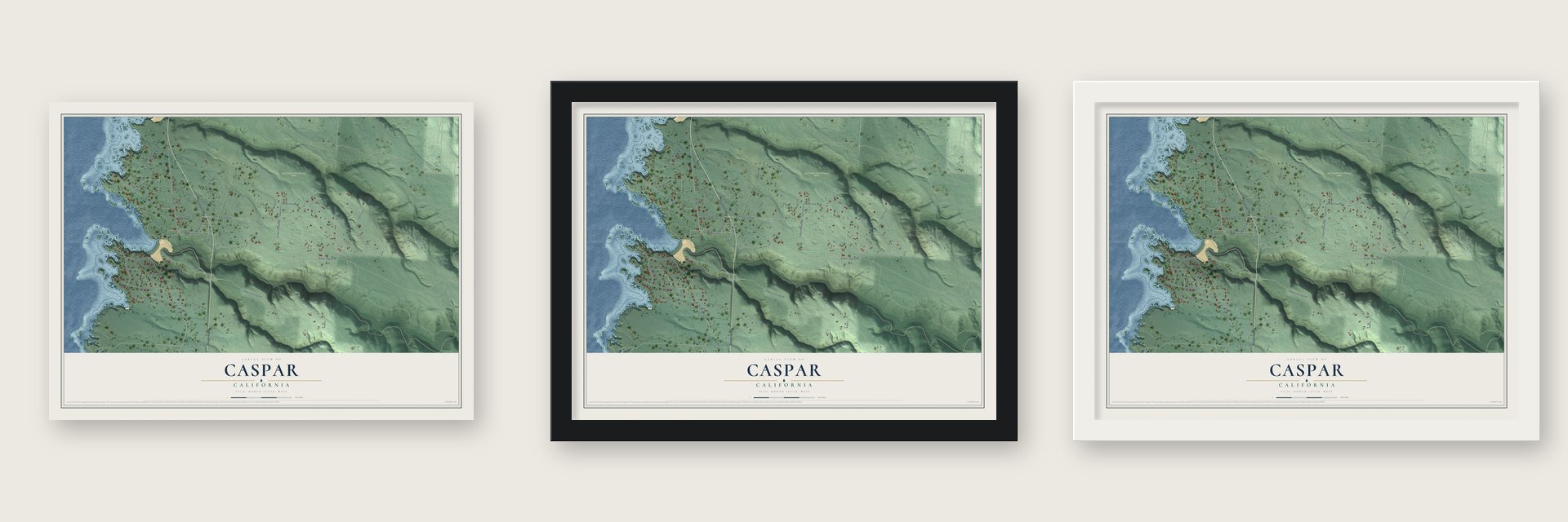 Caspar, California map unframed, in a black wood frame and in a white wood frame